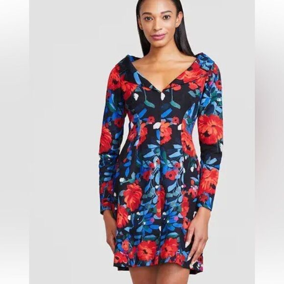 LELA ROSE Black Multi Open Neck Seamed Mini Dress Size 12 NWT $1590 - Picture 2 of 9